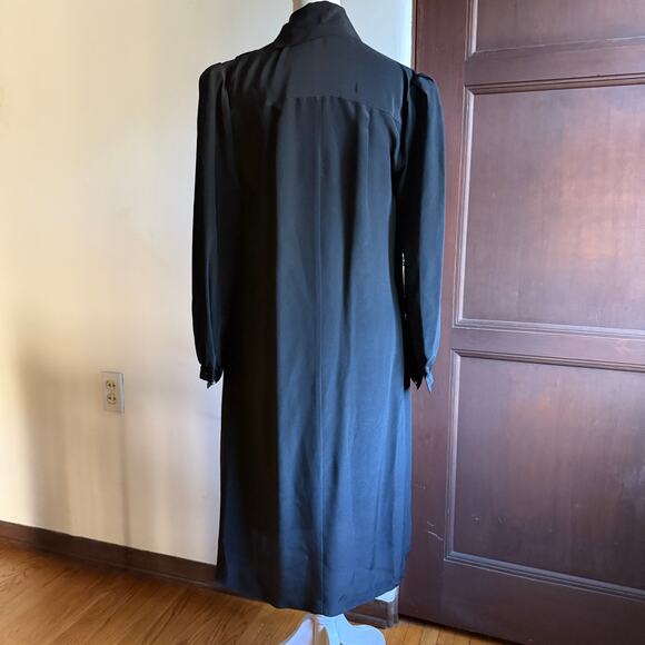 80s Vintage | LUCI PELLINI | Black Silk Split Neck Blouson Sleeve Midi Dress 5/6 - Picture 3 of 10